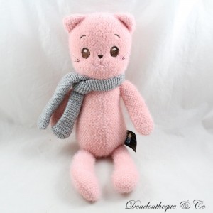 Plush cat LES GOURMANDISES DE SOPHIE pink wool grey scarf 36 cm