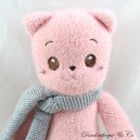Plush cat LES GOURMANDISES DE SOPHIE pink wool grey scarf 36 cm