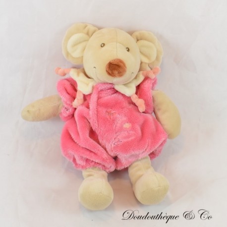 Peluche souris TEX beige combinaison rose brodé Avion Carrefour 26 cm