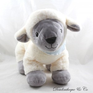 Peluche mouton TEX BABY blanc gris bandana bleu ciel 30 cm
