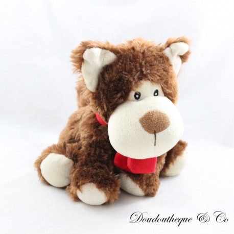 Peluche chien FIZZY marron écharpe rouge