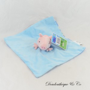 Doudou plat cochon Peppa Pig SAMBRO carré bleu tissus imprimé 29 cm NEUF