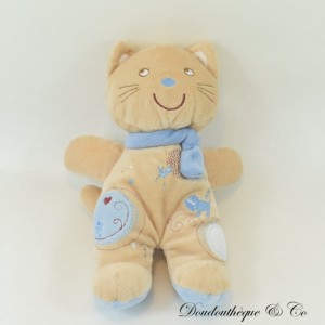 Peluche chat POMMETTE bleu beige brodé oiseau 20 cm