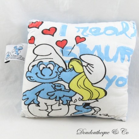 Petit coussin les Schtroumpfs PEYO bisous Schtroumpfette I real smurf you 20 cm