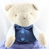 Peluche ours SIGIKID beige tissu bleu et veste jean bras rayés 40 cm