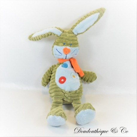 Peluche lapin TEX BABY Carrefour vert et orange effet velours côtelé 30 cm