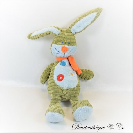 Rabbit plush TEX BABY Carrefour green and orange corduroy-effect 30 cm
