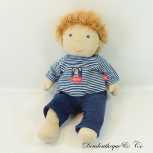 Plush Boy Doll SIGIKID Brown Blue and White Striped Clothes 36 cm