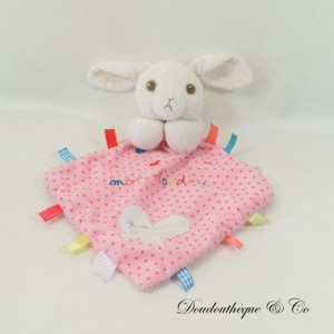 Doudou plat lapin NICOTOY losange rose broderies papillons 32 cm