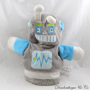 Doudou marionnette martien PRIMARK robot extraterrestre gris bleu 24 cm