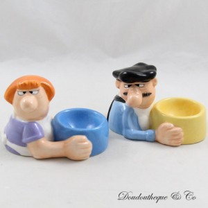 Set of egg cups Les Bidochons TROPICO DIFFUSION Robert et Raymonde ceramics 1997