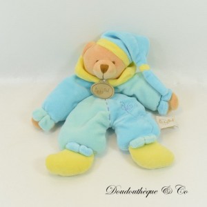 Peluche ours BABY NAT' avec bonnet jaune bleu 23 cm