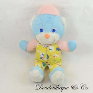 Stuffed bear SANS MARQUE Vintage patterned overalls cap blue eyes 31cm