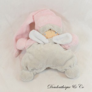 Plush elf teddy bear Pink and grey bell hat and scarf 19 cm