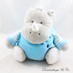 Doudou rhinocéros OBAIBI boule gris bleu blanc grelot 20 cm