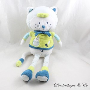 Peluche chat SAUTHON Patachon bleu vert blanc lapin étoiles 36 cm