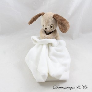 JACADI brown white dog handkerchief cuddly toy with cockade eye 12 cm