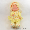 Stoffpuppe mit Zöpfen Silikonkopf blaue Augen Vintage gelbes Blumenkleid 38 cm