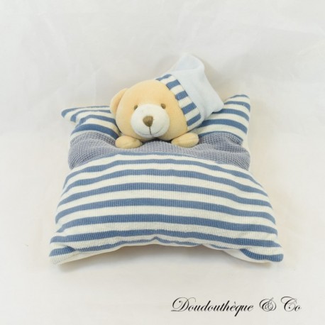 DOUDOU ET COMPAGNIE Bär Plüschtier blau gestreift Marine Kissen 20 cm DOUDOU ET COMPAGNIE Bär Plüschtier blau gestreift Marine Kissen 20 cm