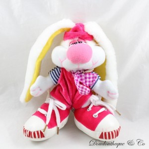 Plüschhase FIZZY weiß rosa Overalls große rosa Turnschuhe Vintage 22 cm