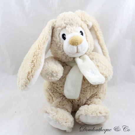 Peluche lapin LASCAR beige écharpe beige fleur brodée 27 cm Peluche lapin LASCAR beige écharpe beige fleur brodée 27 cm