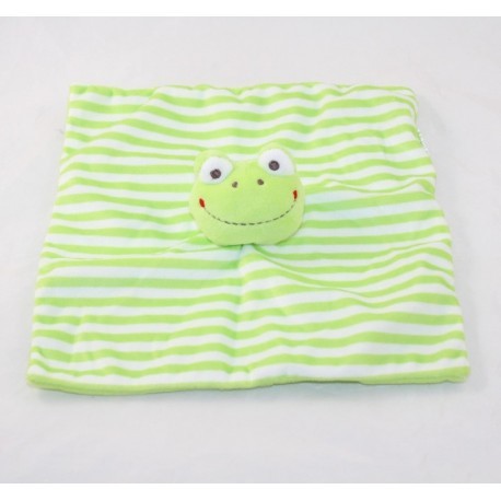 Doudou plat grenouille SHENZHEN carré rayé vert et blanc 23 cm Doudou plat grenouille SHENZHEN carré rayé vert et blanc 23 cm