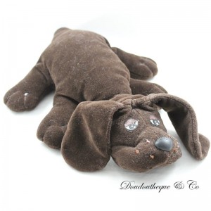 Ausgestopfter Hund VULLI Pitou Welpen 1984 Vintage längliche dunkelbraune Augen bedruckt RARE 34 cm