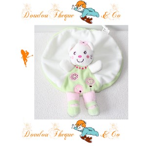 Doudou plat rond Chat NICOTOY fille vert blanc rose fleur 24 cm