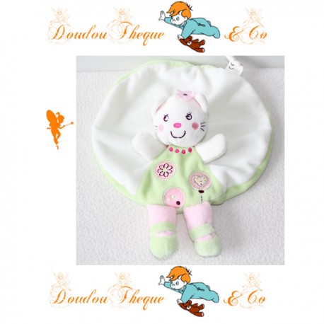 Doudou plat rond Chat NICOTOY fille vert blanc rose fleur 24 cm Doudou plat rond Chat NICOTOY fille vert blanc rose fleur 24 cm