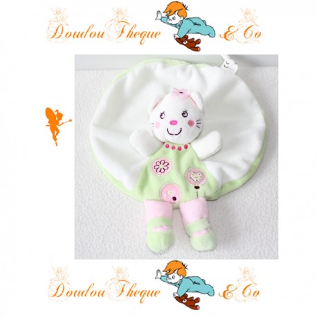 Doudou plat rond Chat NICOTOY fille vert blanc rose fleur 24 cm