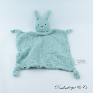 Flaches Kaninchen Kuscheltier VERTBAUDET grünes Pucktuch quadratisch 4 geknotete Ecken 36 cm