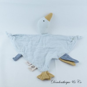 Doudou plat Oie ou Canard SAGA coton bio bleu Noeuds et attache tétine 40 cm