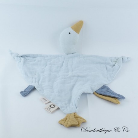Doudou plat Oie ou Canard SAGA coton bio bleu Noeuds et attache tétine 40 cm Doudou plat Oie ou Canard SAGA coton bio bleu Noeuds et attache tétine 40 cm