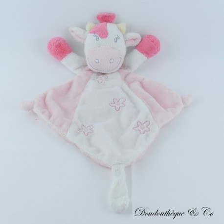 Doudou plat vache KIMBALOO blanc fleurs roses 36 cm Doudou plat vache KIMBALOO blanc fleurs roses 36 cm