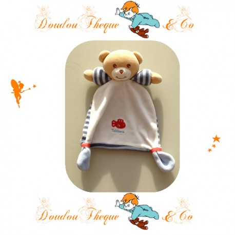Doudou Ours plat Takinou blanc poisson et bleu rayé Doudou Ours plat Takinou blanc poisson et bleu rayé