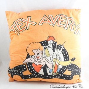 Vintage Droopy TEX AVERY quadratisches Pin-Up und orangefarbenes Wolf Kissen Looney Tunes Stoff 33 cm