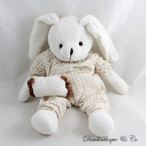 Gefülltes Kaninchen DOUDOU ET COMPAGNIE beige kariertes Karokissen aus Wolle Strick 26 cm