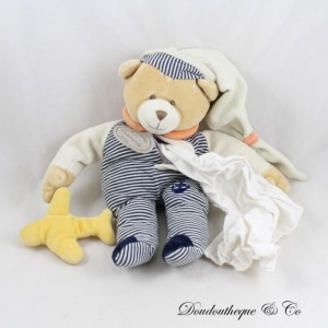 DOUDOU ET COMPAGNIE blau gestreiftes Matrosengelb Flugzeug Einstecktuch Teddybär 30 cm