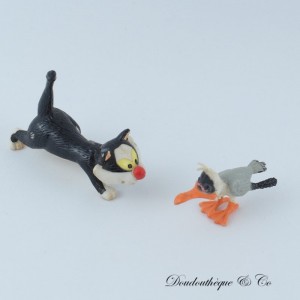 2 Franquin Katzen- und Möwenfiguren aus PVC, angeboten von QUICK im Jahr 1998, 6 und 4 cm