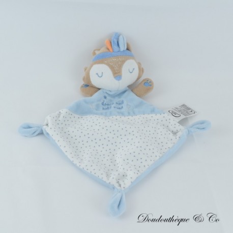 Doudou plat renard indien MOTS D'ENFANTS Bleu yeux dormeur losange Leclerc "douce nuit petit rusé" 35 cm Doudou plat renard indien MOTS D'ENFANTS Bleu yeux dormeur losange Leclerc "douce nuit petit rusé" 35 cm