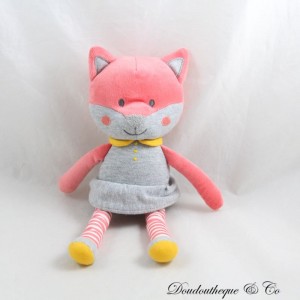 Ausgestopfter Fuchs OBAIBI rosa Katze grau Kleid Glocke Okaidi 27 cm