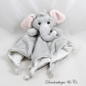 Doudou plat éléphant gris dessous en tissu blanc étoiles grises 34 cm