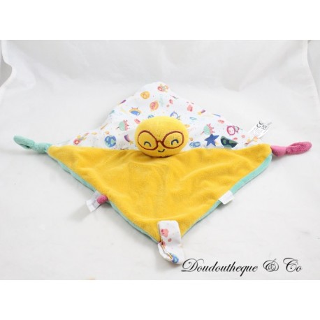 Flaches Kuscheltier Moon COROLLE orange grün Schnullerclip geknotete Ecken 25 cm Flaches Kuscheltier Moon COROLLE orange grün Schnullerclip geknotete Ecken 25 cm