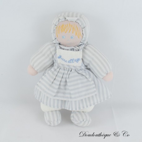 Puppendecke CANDY CANE Blondes blaues Augenkleid und Schürze weiß gestreift grau 25 cm Puppendecke CANDY CANE Blondes blaues Augenkleid und Schürze weiß gestreift grau 25 cm