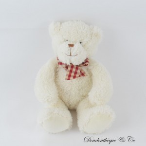 Stoffbär CREAPRIM weißer Sitzschal beige mit rotem Karo 24 cm