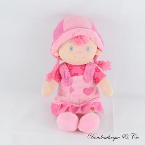 Soft DOLL Doll Plüsch Haare, Kleid und Hut Rosa Blumen Herzen 32 cm