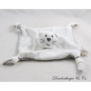 Flache Katze Kuscheltier BOUT'CHOU Monoprix weiß Unterseite grau Sterne weiß 4 Knoten 22 cm