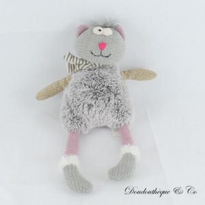 ZARA HOME Katze Plüsch Kopf Strick Grau und Weiß Crazy Eyes 30 cm