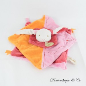 BABY NAT' rosa und orange quadratisches Kaninchen flaches Kuscheltier 22 cm