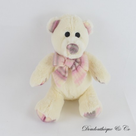 Stoffbär PRIMATIS sitzender weißer karierter Schal 20 cm Stoffbär PRIMATIS sitzender weißer karierter Schal 20 cm
